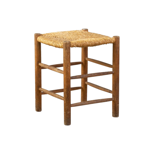 French Rush-Caned Low Stool in the Style of Charlotte Periand, c.1950