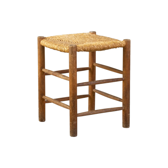 French Rush-Caned Low Stool in the Style of Charlotte Periand, c.1950