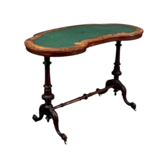 English Victorian c.1865 Walnut Burl Inlaid Writing Table with Kidney-Shaped Green Leather Top