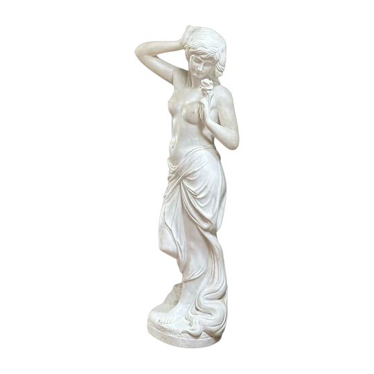 Grand European 20th-Century Carrara Marble Female Figure Holding a Rose