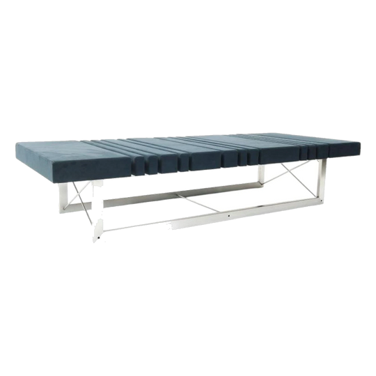 Decodar Ottoman by Demuz, 2006, Segmented Plywood, Stainless Steel Base, Suede Midnight Blue/Black