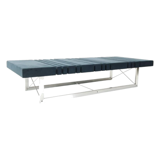 Decodar Ottoman by Demuz, 2006, Segmented Plywood, Stainless Steel Base, Suede Midnight Blue/Black