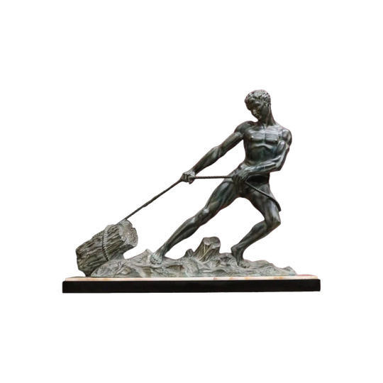 Art Deco Onyx and Bronze Sculpture, in the Style of Jean Marie Camus – Man Pulling a Log, France, circa 1925–1930s