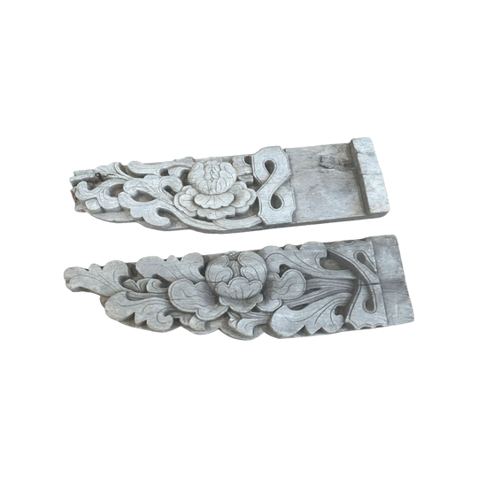 Pair of Antique Chinese Hand-Carved Wooden Lotus Carvings with Original Patina