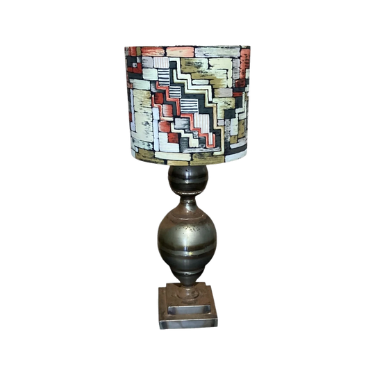 Table Lamp with Large Brushed Metal Base and Handmade Vintage Geometric Fabric Shade