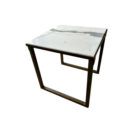 Vintage Brass-Framed Square Side Table with Inset White Marble Top, Antique Brass Finish, 2000s