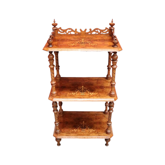 Antique English Walnut What Not, Three-Tier Plant Stand or Display Shelf with Tunbridge Ware Marquetry, England, c.1860