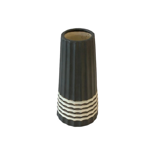 Mid-Century Danish Ceramic Vase – Ribbed, Grey with White and Gold Stripes