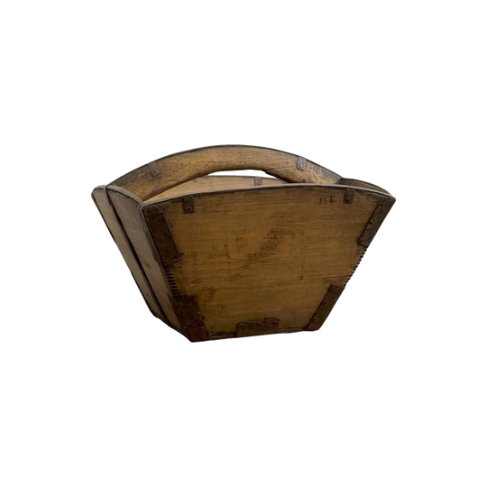 Vintage Elm Rice Measuring Bucket, Wood and Iron, Brown