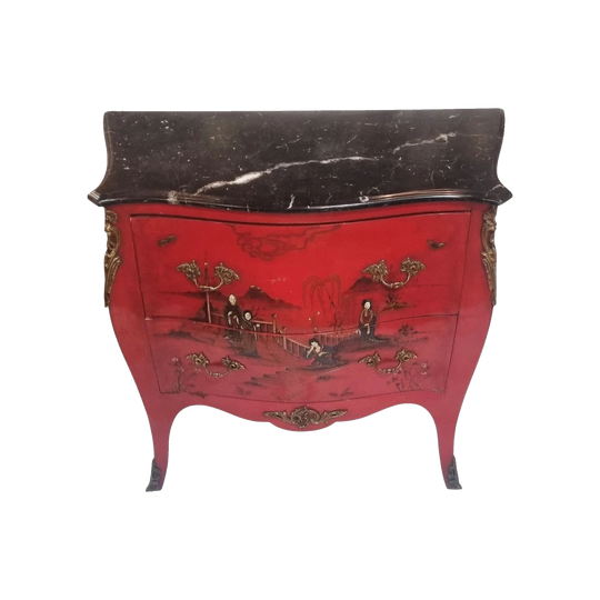 Antique French Chinoiserie Bombe Commode in Red Lacquer with Serpentine Marble Top, c. 1920s