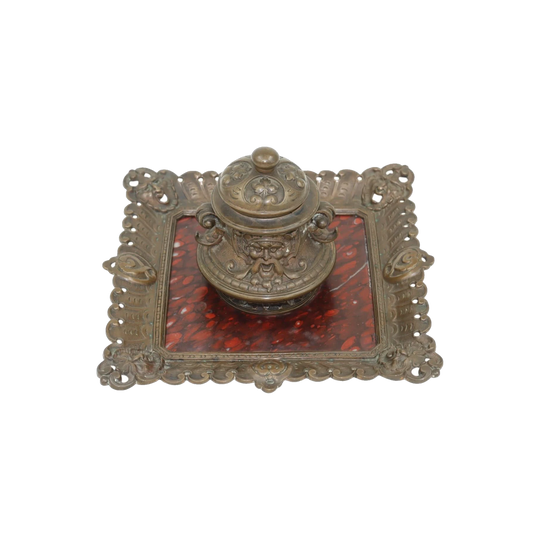 Cast bronze ink stand with rouge marble insert by Ernst Zimmermann of Hanau