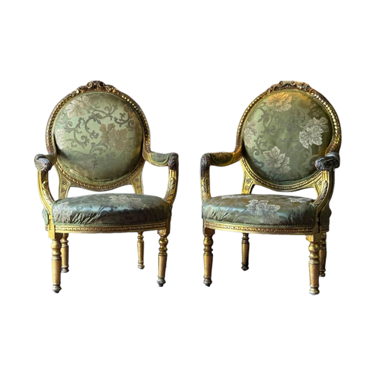 Pair of French Louis XVI-Style Gilt Armchairs, Original Moss Green Floral Satin Upholstery, c. 1940–50s