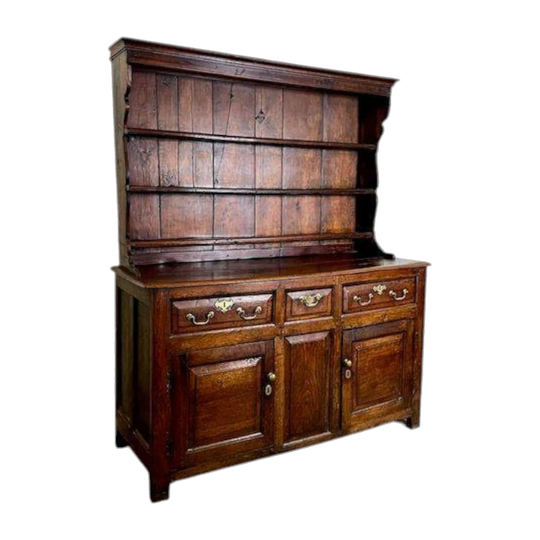 Antique English Late 18th-Century Oak Dresser Base with Original Three-Shelf Plate Rack and Pine Back Boards