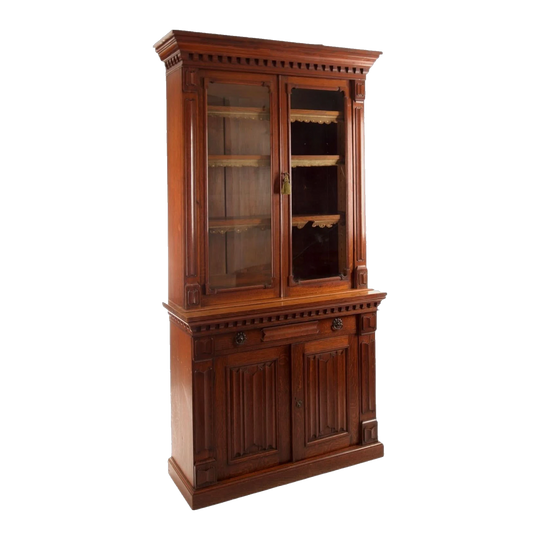 Antique English Victorian Solid Oak Two-Part Bookcase / Display Cabinet, Renaissance Gothic Revival, Late 19th Century