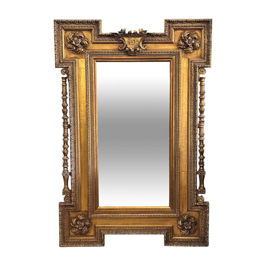 French Louis XVI Style Gilt Mirror, Rectangular Carved Frame, 187 x 126 cm