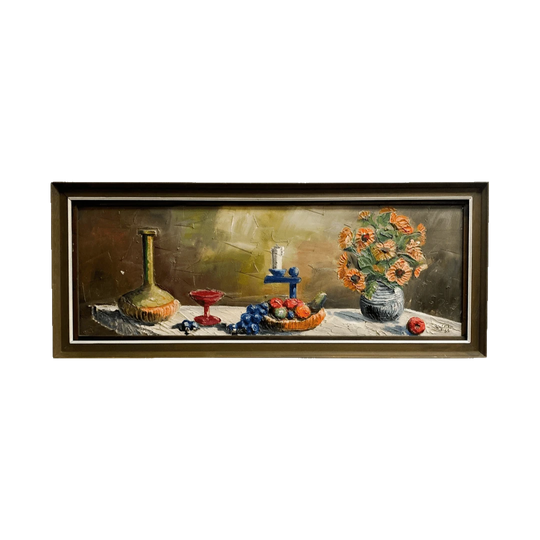 Mid-Century Still Life Oil Painting, Rustic Table Setting with Fruit, Red Goblet and Floral Vase, Framed