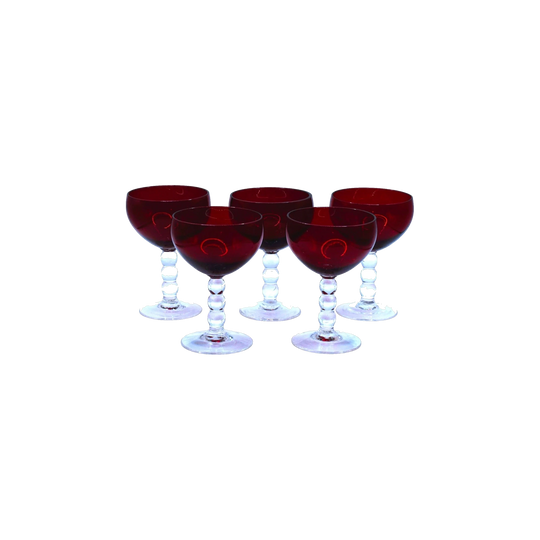 Vintage Ruby Red cocktail/liqueur glasses with bubble stem. Set of 5