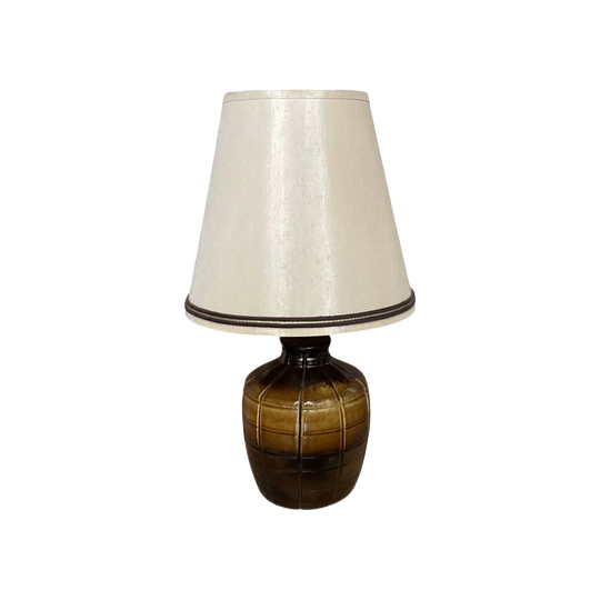 Mid-Century Etched Ceramic Lamp with Copper-Glazed Base and Original Golden Beige Shade