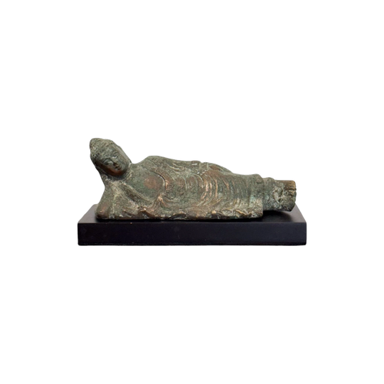 Small Reclining Bronze Buddha Sculpture with Verdigris Patina on Black Base