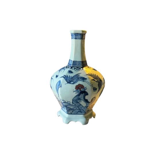 Vintage Blue & White Handpainted Porcelain Vase with Hexagonal Flared Neck and Pedestal Base