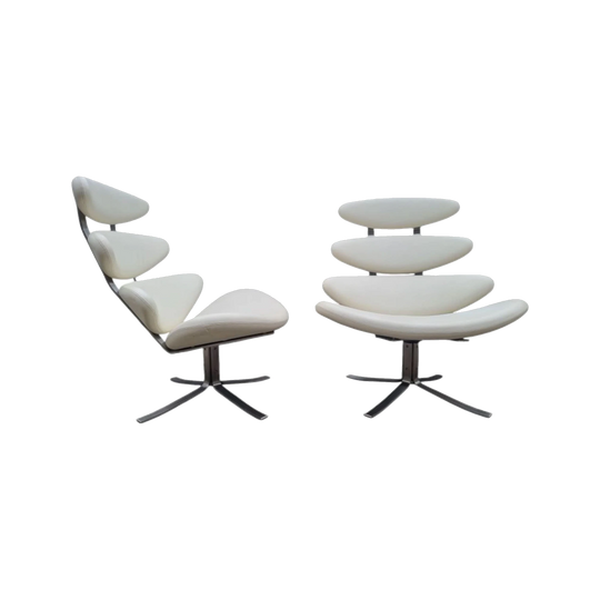 Poul Volther ‘Corona’ Chairs, White Leather, 1990s, Stainless Steel Frames