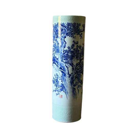 Large Vintage Chinese Hand-Painted Porcelain Urn – Cylindrical, Blue and White Floral