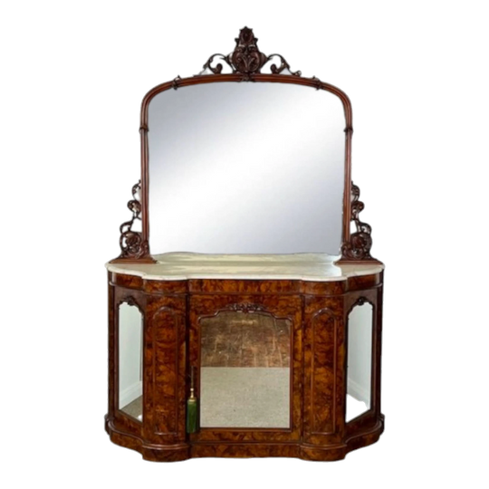 Antique English Victorian Walnut Credenza with Tall Mirror Back and White Carrara Marble Top, Louis XV Style