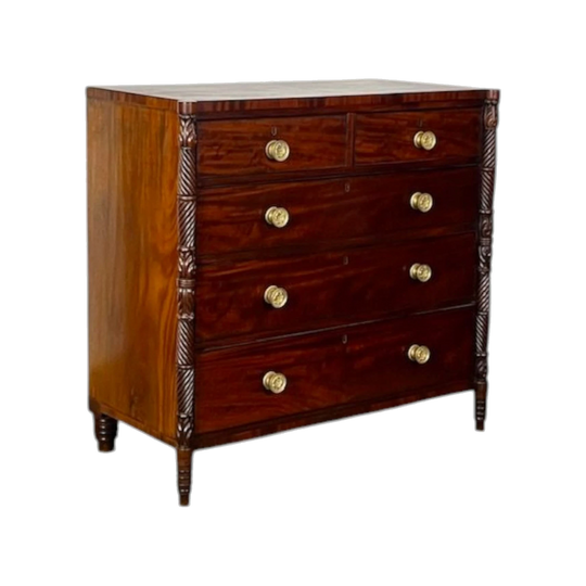 Antique English Georgian/Regency Mahogany Chest of Drawers with Ebony Line Inlay, Two Over Three, Carved Columns and Brass Pulls