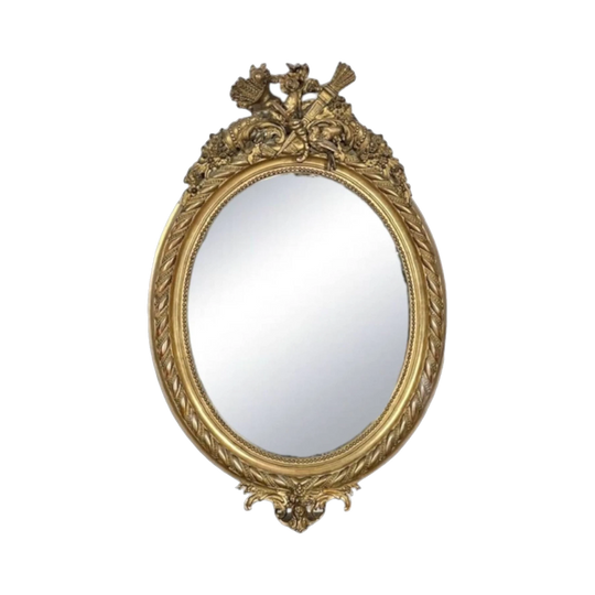 19th-Century French Gilt Oval Wall Mirror with Original Bevelled Plate, Doves and Cornucopia