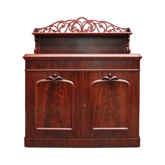 Antique English Mahogany Chiffonier / Sideboard, Fretwork Backboard, Hidden Drawer, c.1850, Original Key