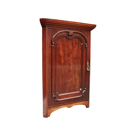 Antique English Mahogany Corner Medicine Cabinet with Brass Handle, c.1910 – Ready to Hang