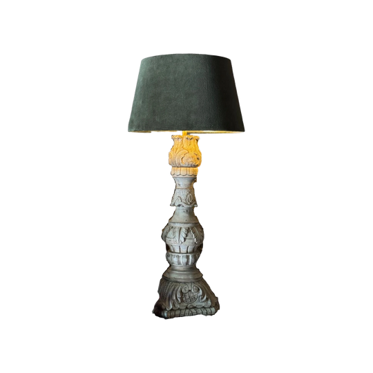 Pair of Tall Vintage Carved Timber Lamps with Olive Green Velvet Shades