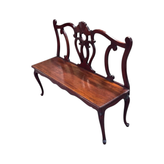 19th-Century French Provencal Walnut Bench with Carved Serpentine Back Splats and Fluted Tapered Legs