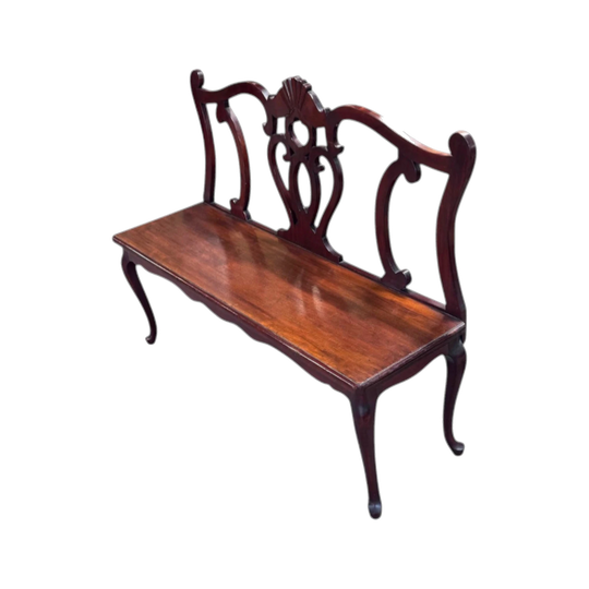 19th-Century French Provencal Walnut Bench with Carved Serpentine Back Splats and Fluted Tapered Legs