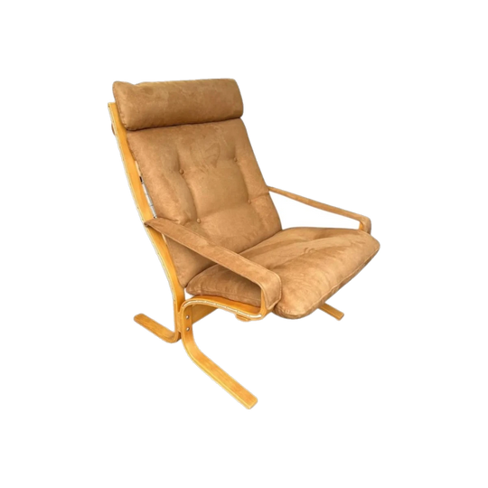 Ingmar Relling for Westnofa Siesta Armchair, Blonde Bent Plywood with Original Canvas Sling, Caramel Microsuede