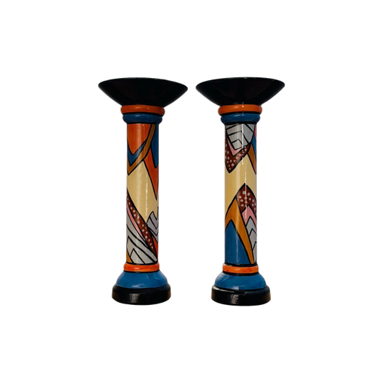 Post Modern Art Deco Revival Studio Ceramic Candlesticks by Kathrin McMiles (Australian 1939-2017)