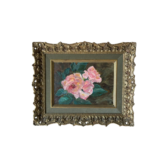 Vintage Floral Still Life Oil Painting – Pink Floral Arrangement in Ornate Dutch-Style Gilt Frame, 40 x 33 cm
