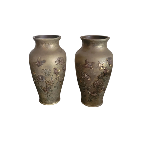 Pair tall Japanese bronze vases