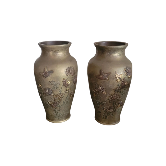 Pair tall Japanese bronze vases