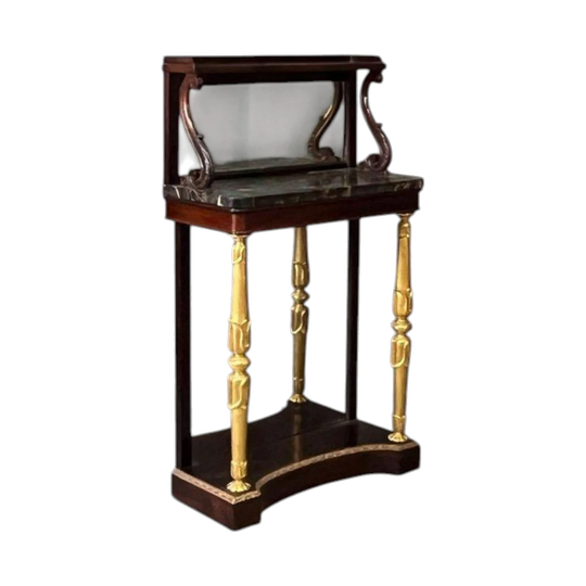 English Regency Brazilian Rosewood Console Table with Italian Portofino Marble Top and Gilt Detailing, 1811–1820