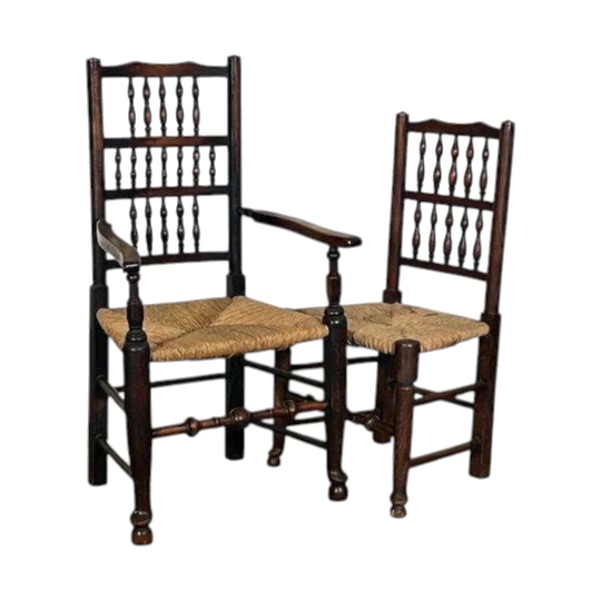 Antique English George III Oak Lancashire Spindle-Back Chairs, Set of 8 with Rush Seats (6 Side Chairs, 2 Carver Armchairs), 18th Century