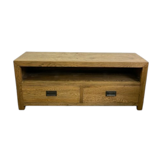 Contemporary Oak TV Unit, Natural Finish, Two Drawers and Open Shelf