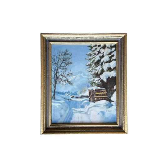 S. Bock - Snowscene with distant mountains, oil on panel, mid-20th c.