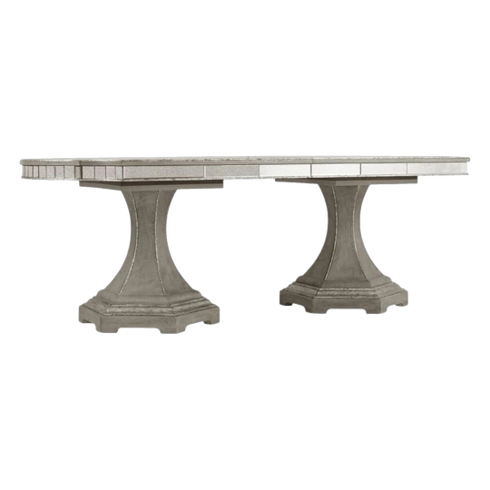 Sanctuary Extendable Dining Table, Oak Grey Finish, Twin Pedestal, Carved Top with Mirrored Edge, 225–325 cm — Ex‑Display