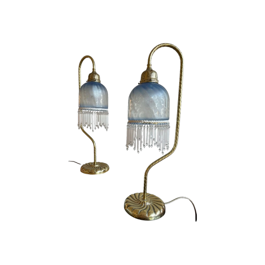 Early 20th Century Twisted Brass Table Lamps with Baby Blue Floral Glass Shades – Two Available