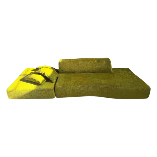 B&B Italia Bend Sofa by Patricia Urquiola — Bespoke 3-Seater with Large Ottoman, Reupholstered in Chartreuse Chenille (Zepel Monsieur)