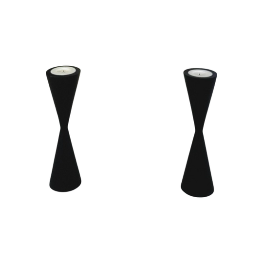 Pair of Dark Timber Sculptural Candle Holders, Double-Cone Form