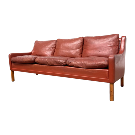 1960s Stouby Danish Three-Seater Leather Sofa with Oak Legs
