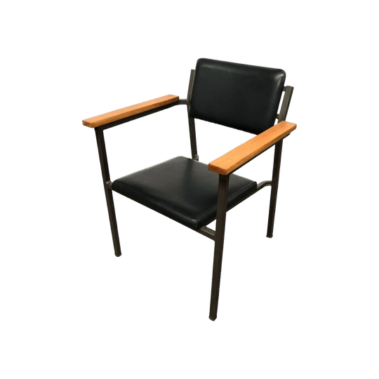 Black Vinyl Teacher’s Armchair with Polished Wood Arms – Former Department of Education Staff Chair