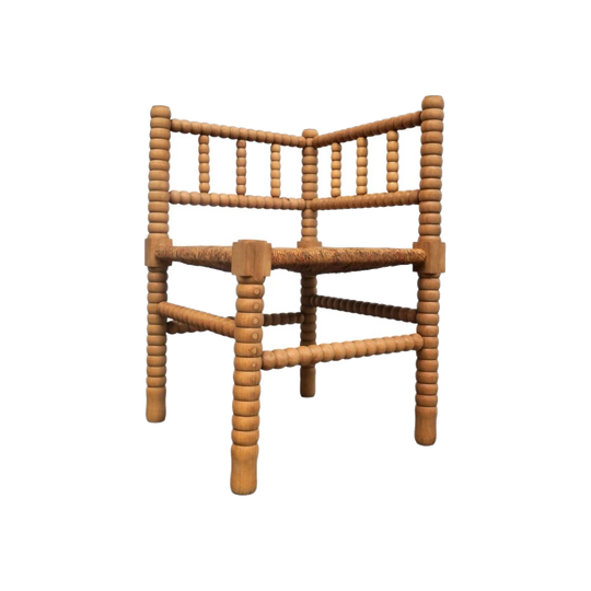 Early 1900s French Oak Bobbin Corner Chair with Seagrass Seat